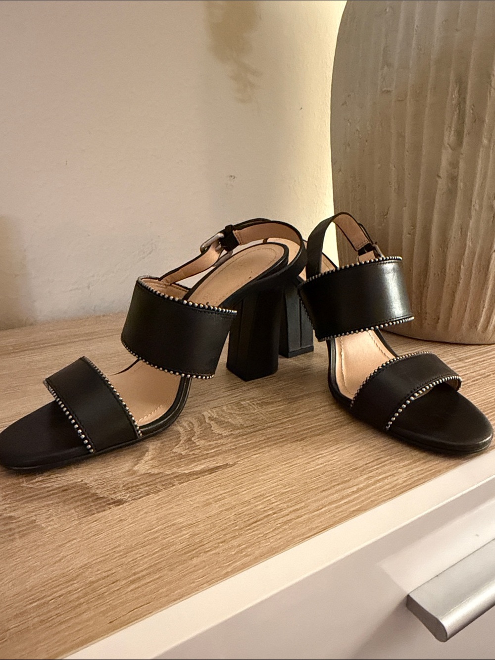 Coach Black Women’s Block Heel Sandals with Stud Trim
